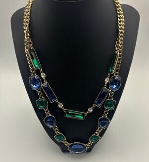 Signed NRQ (Avon) Goldtone Green Blue Rhinestones Double Strands Necklace
